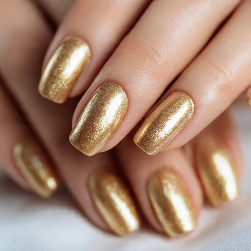 20 Trendy Chrome Nail Ideas to Make Your Nails Shine 3 a set of shiny gold metallic nails