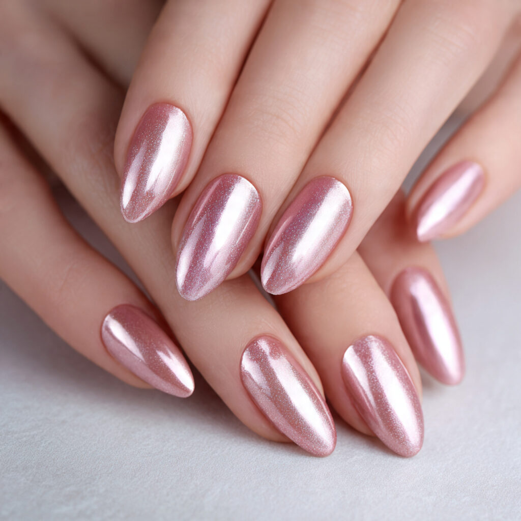 20 Trendy Chrome Nail Ideas to Make Your Nails Shine 4 a set of shiny rose gold metallic