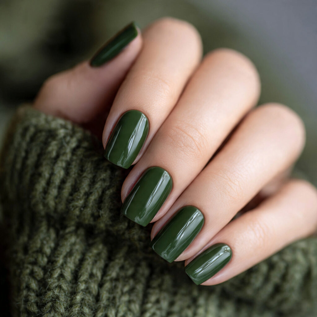 27 Dark Green Winter Nails for a Rich and Cozy Look 5 a woman s hands with forest green winter