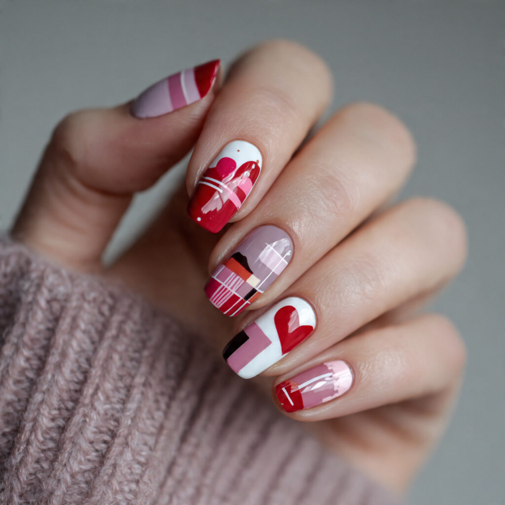 abstract valentine nails with simple abstract patterns