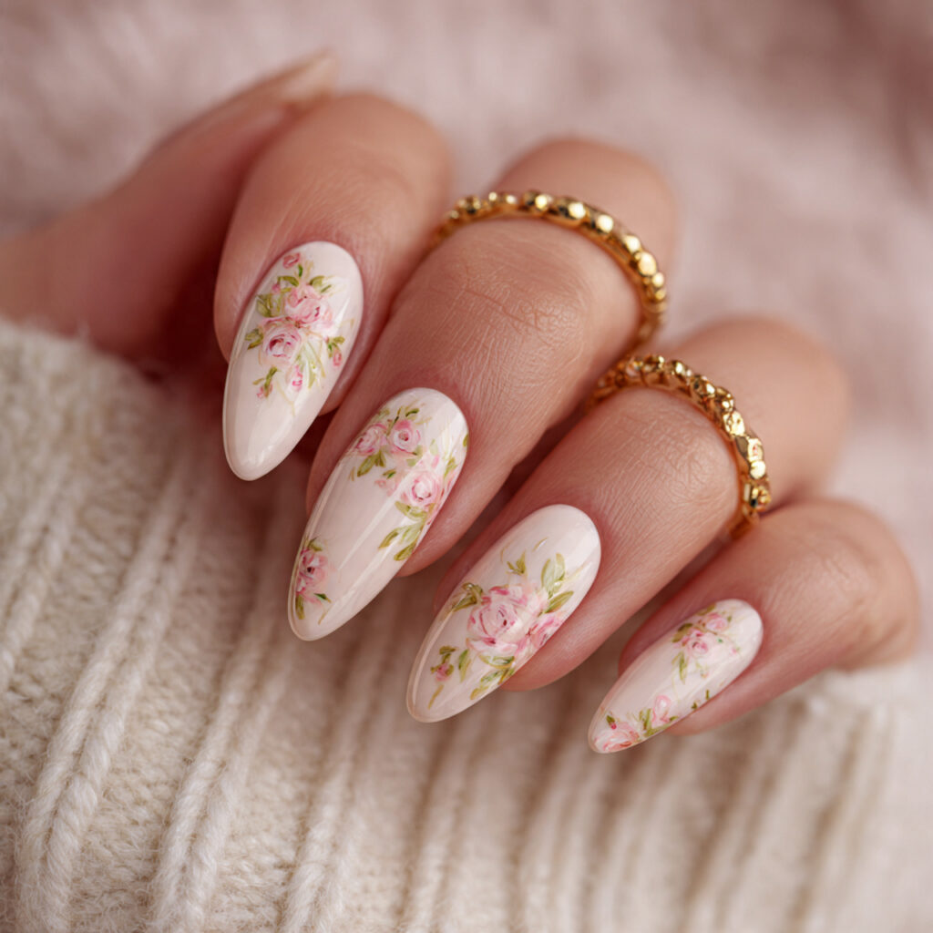 almond nails with floral accents for a