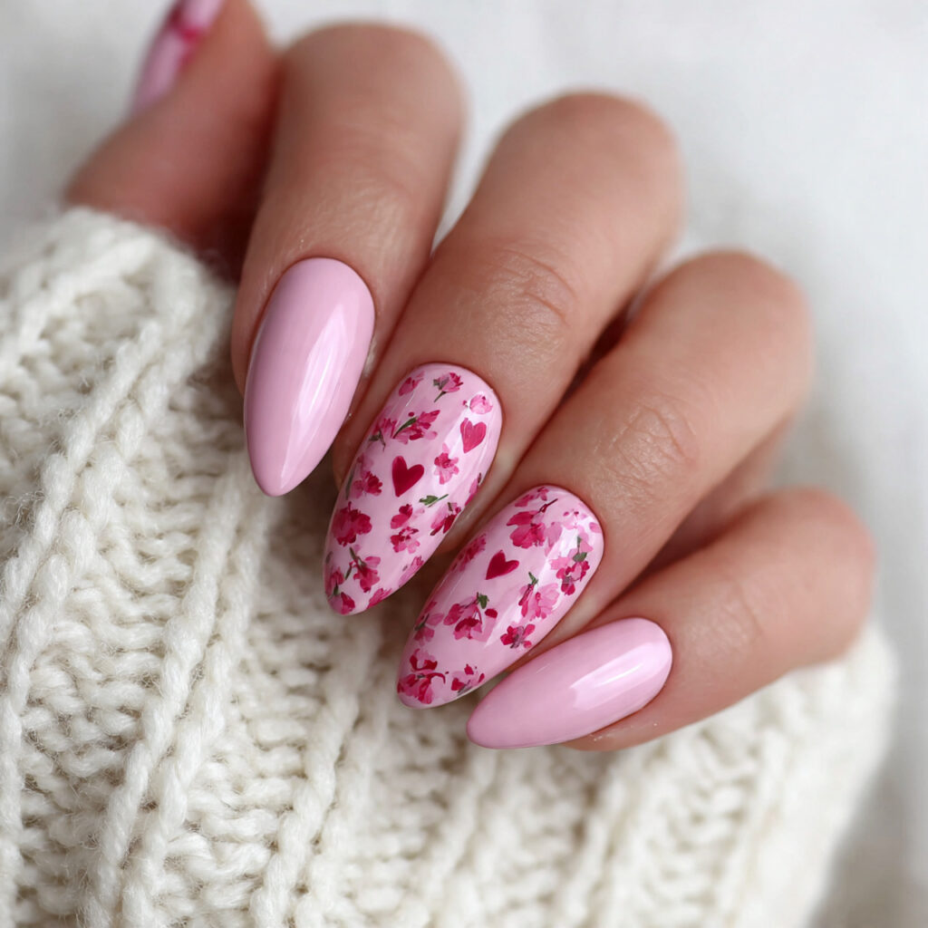 almond shaped nails with a pink valentine design