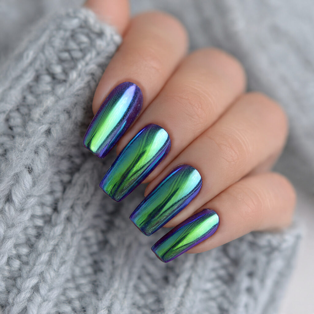 arctic aurora chrome nails reflect shifting winter