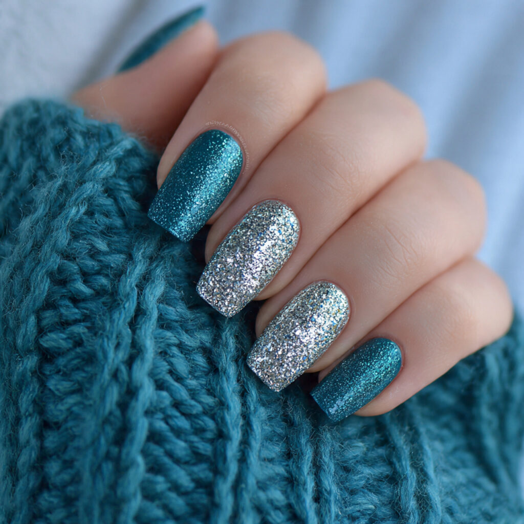 arctic teal shine glitter nails feel rich