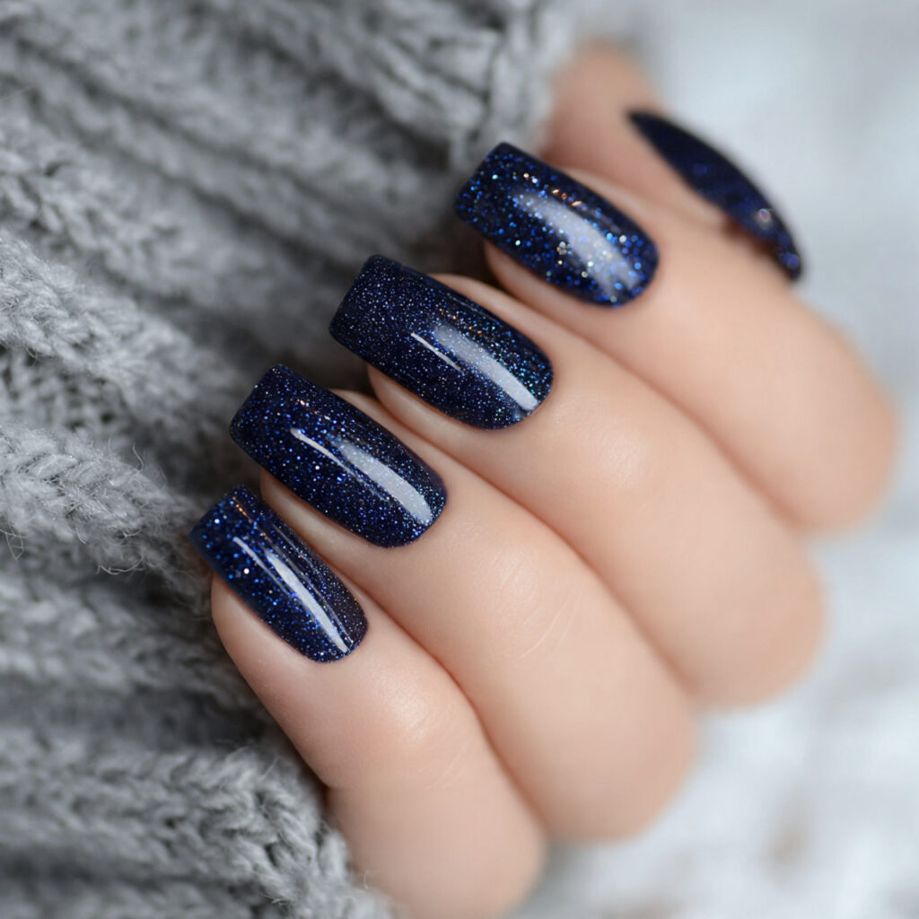 27 Navy Blue Winter Nails That Feel Cozy, Bold, and Chic 26 aurora snow glow navy nails feel magical