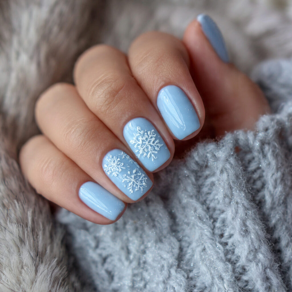 baby blue snowflake short winter nails feel