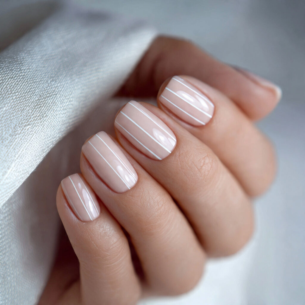 beige nails with thin white stripes look