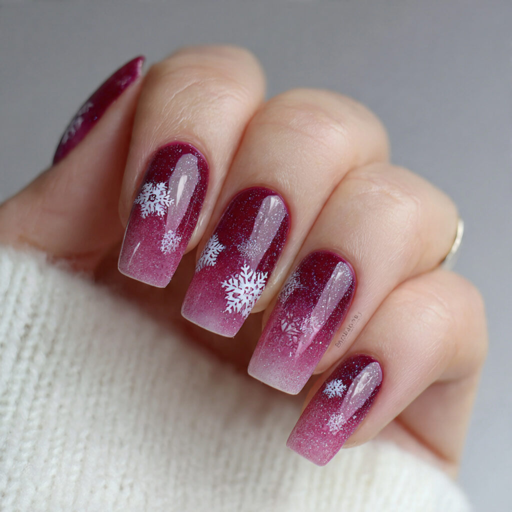 berry snowflake fade ombre nails