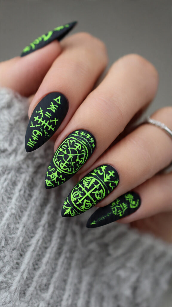 black almond nails with neon green viking