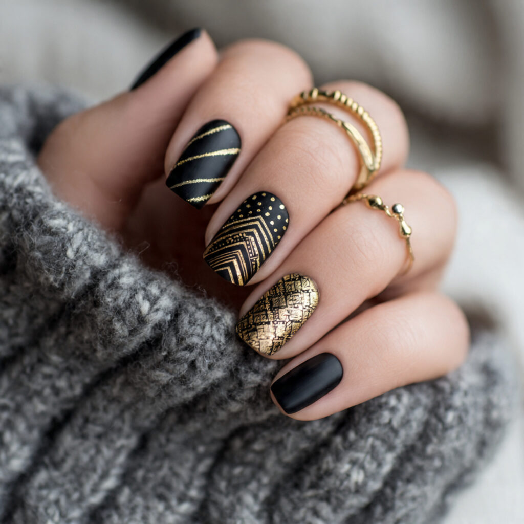 black and gold nails are dramatic and