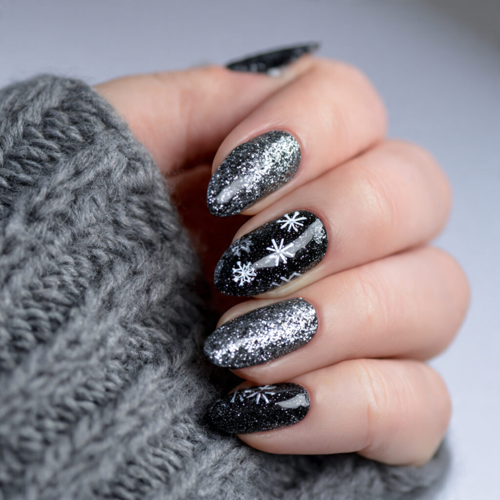 black and silver blizzard nails feel bold