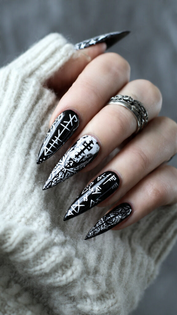 black and white stiletto nails with war