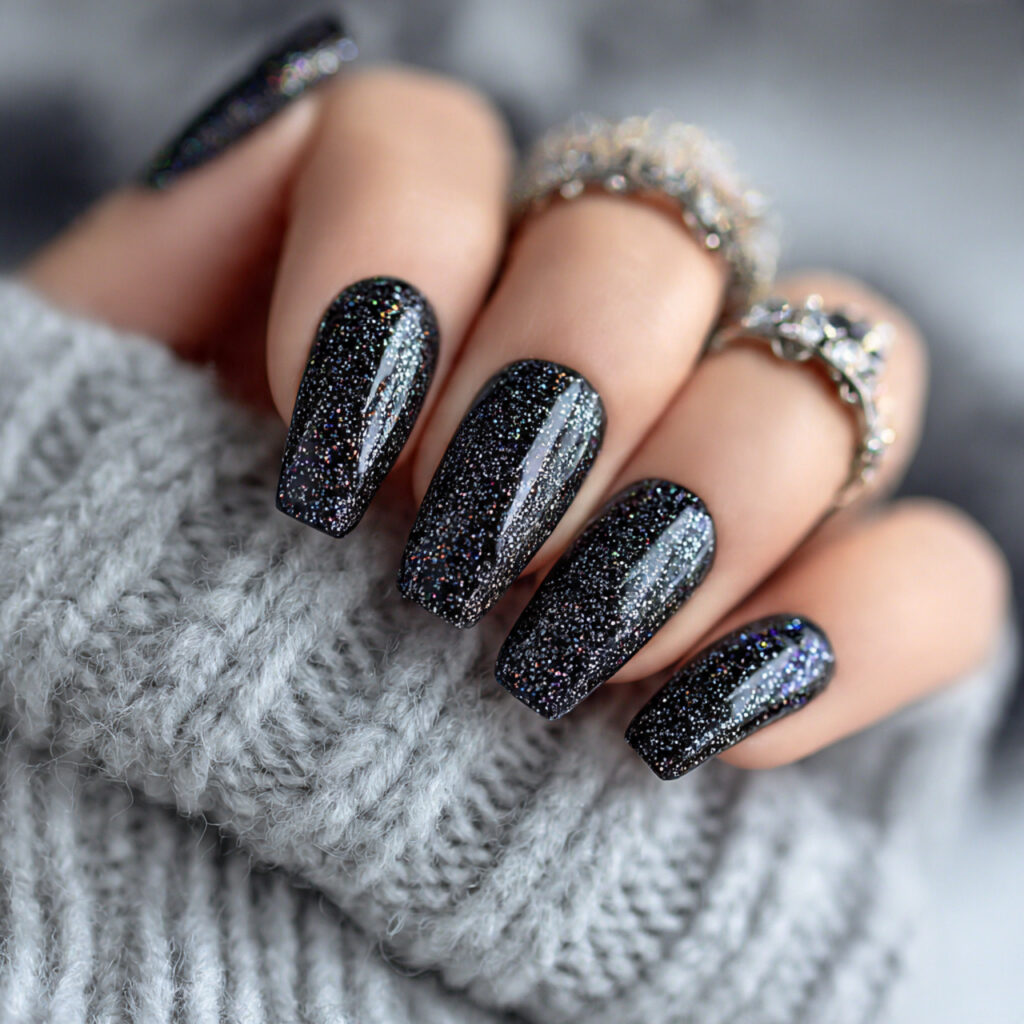 black glitter nails mix dark tones with