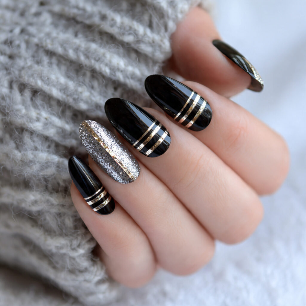 black nails with metallic accents combine elegance