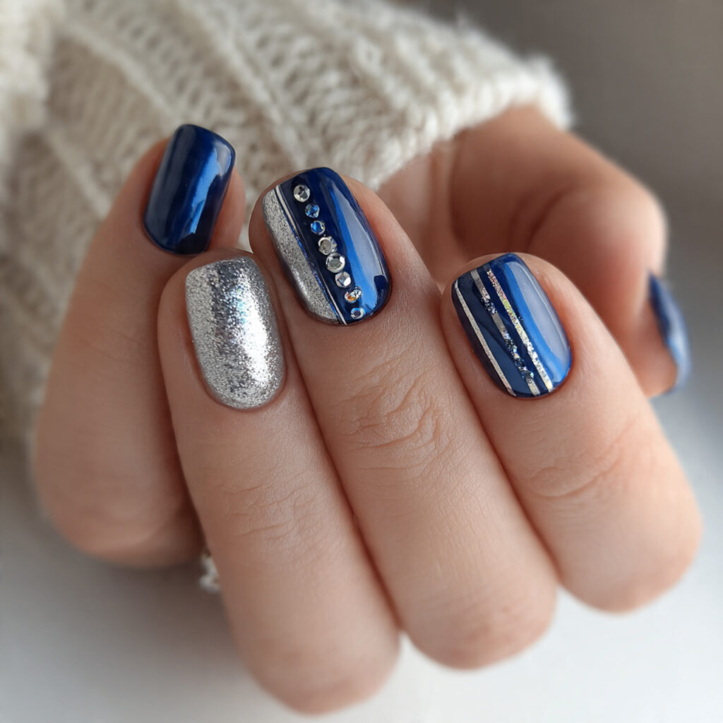 blue and silver short winter nails feel