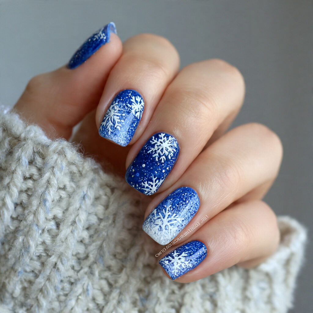 blue and white snowflake winter nails
