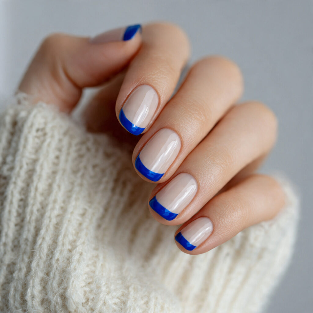 blue french tip short winter nails blue