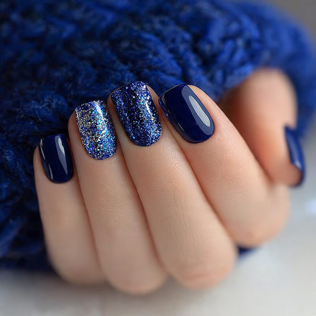 blue glitter accent short winter nails feel