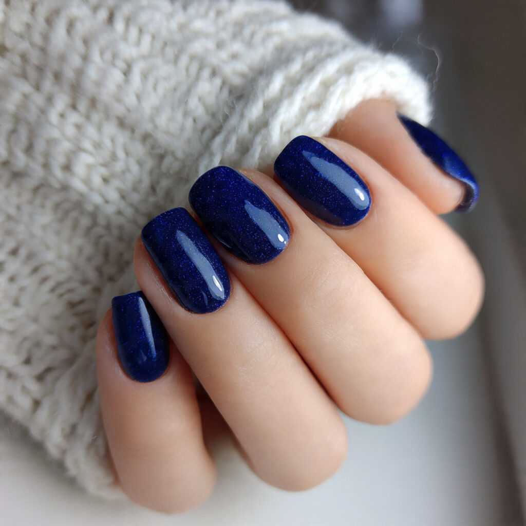 blue glossy short winter nails feel clean