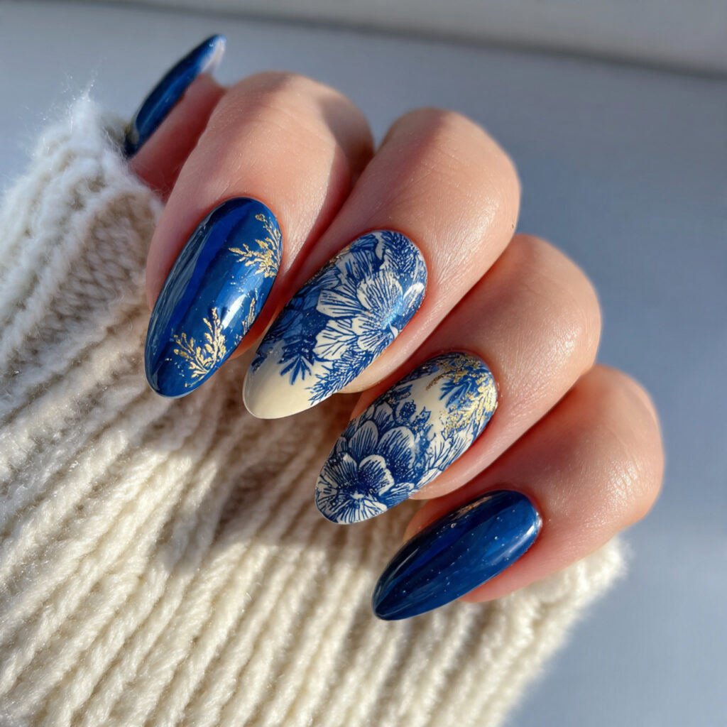 blue january nails with cream accents
