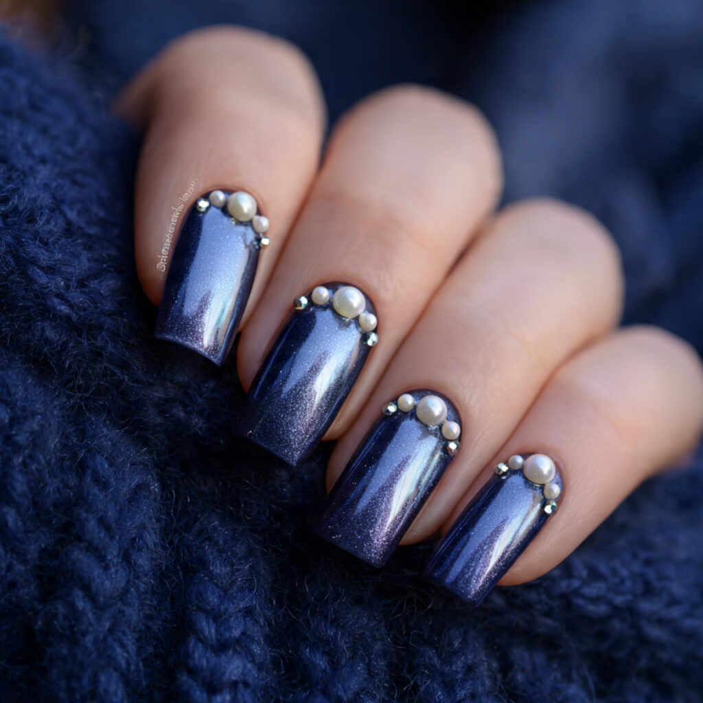 blue january nails with pearl finish