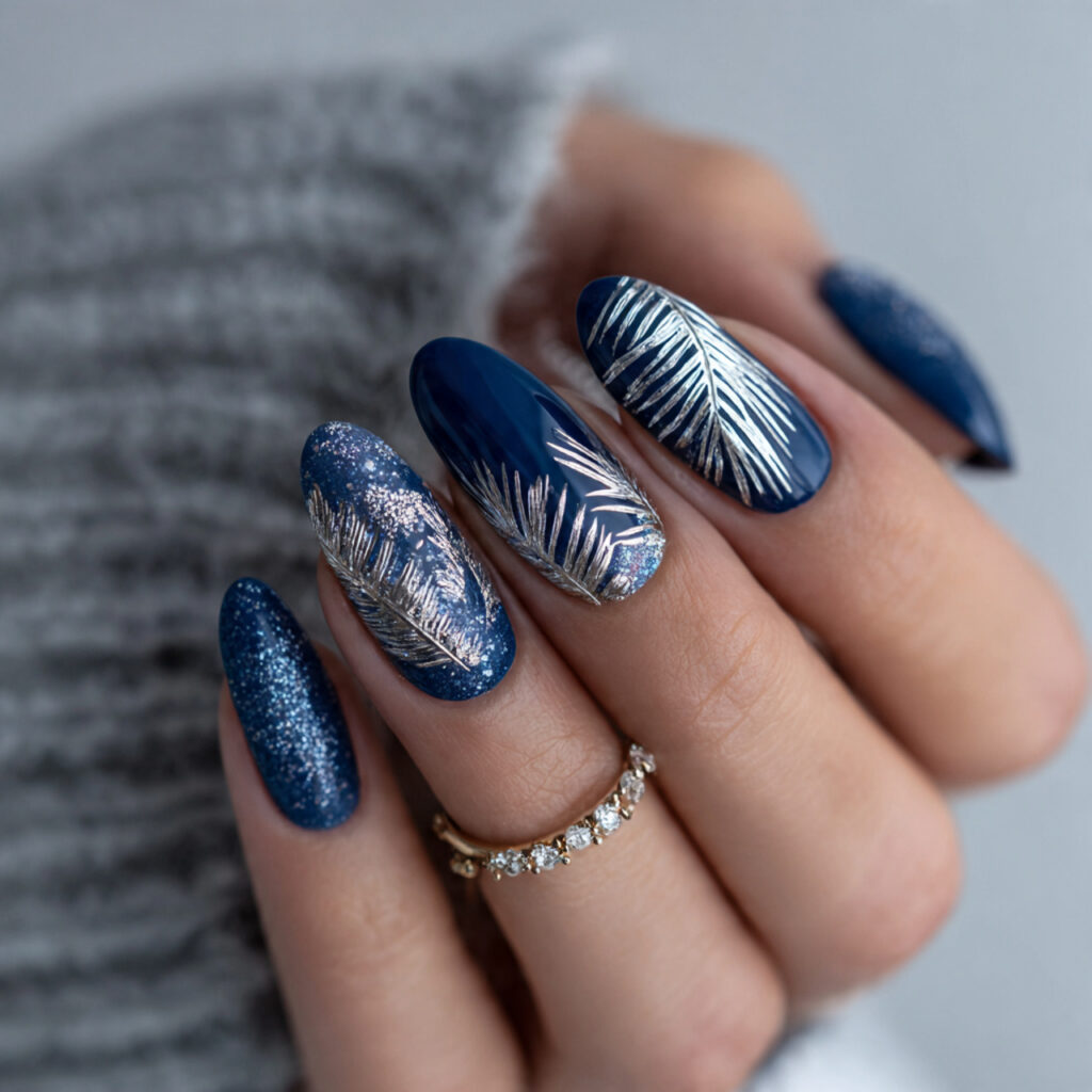 blue january nails with silver touches