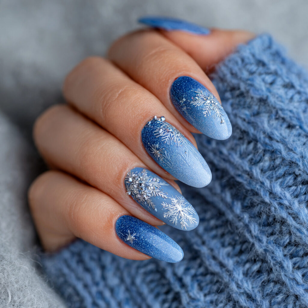 blue january nails with snowflake details