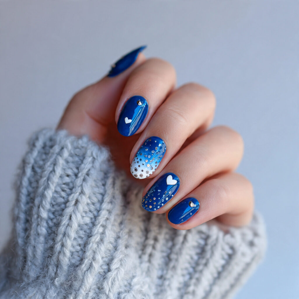blue january nails with tiny heart details