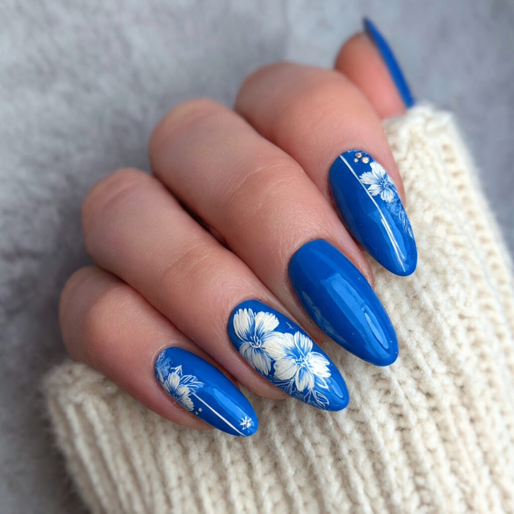 blue january nails with white accent details