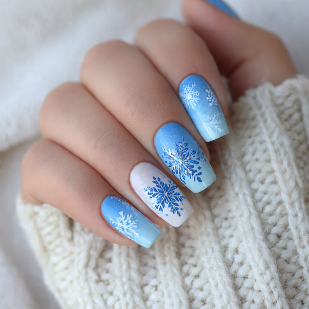 blue ombre snowflake winter nails feel layered