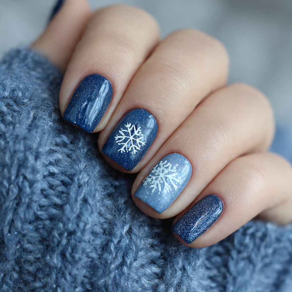 blue snowflake accent short winter nails feel