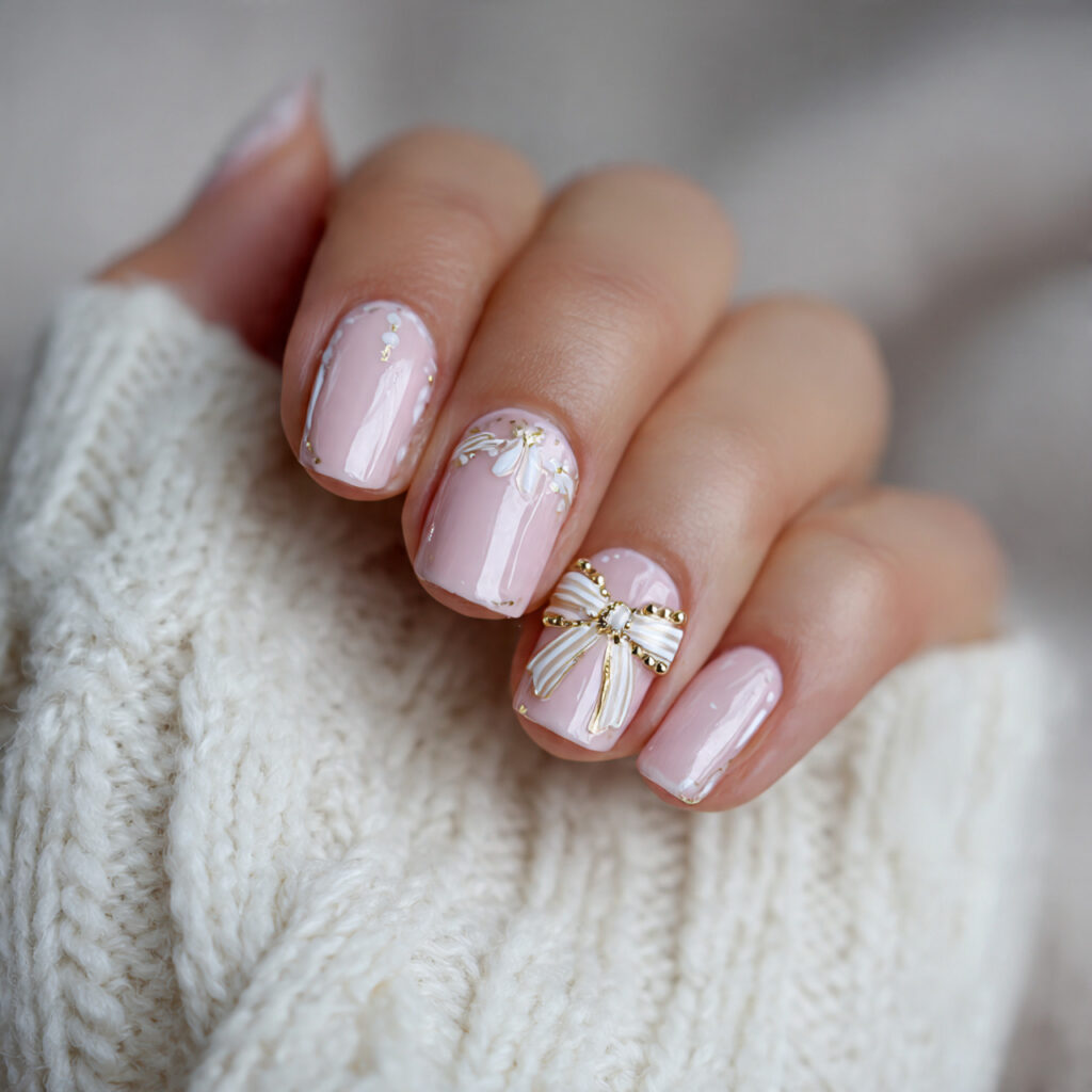 blush ribbon nails bring softness to winter