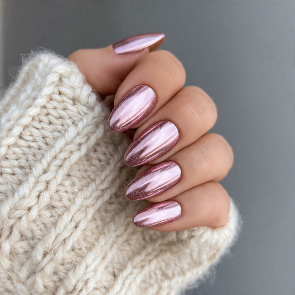 blush winter glam chrome nails feel warm