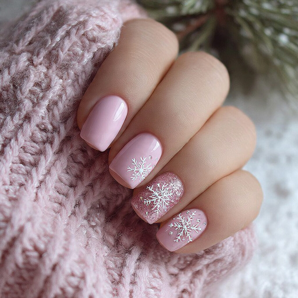 blushing snowflake nails use soft pink shades
