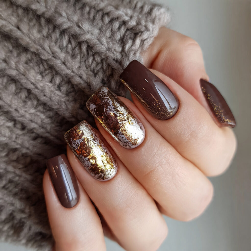 brown winter nails with foil accents add