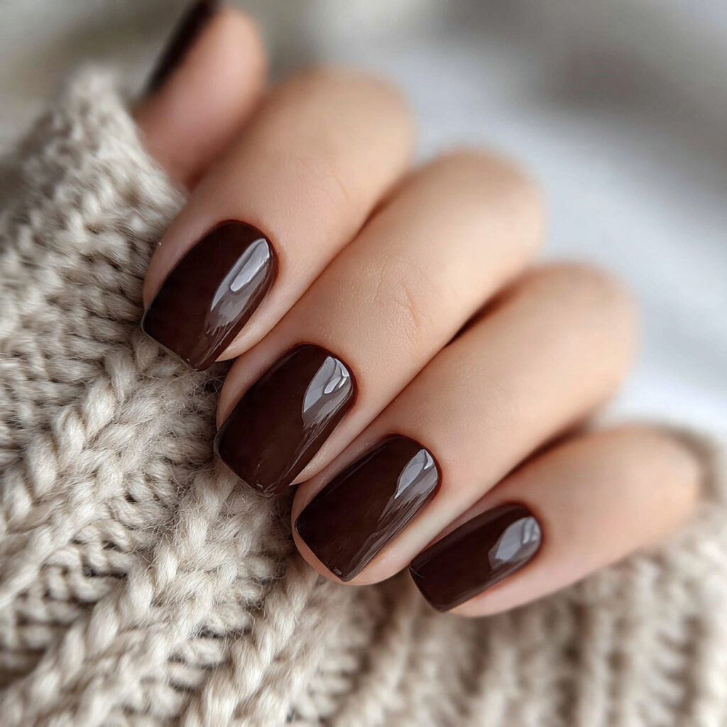 brown winter nails with glossy top coats
