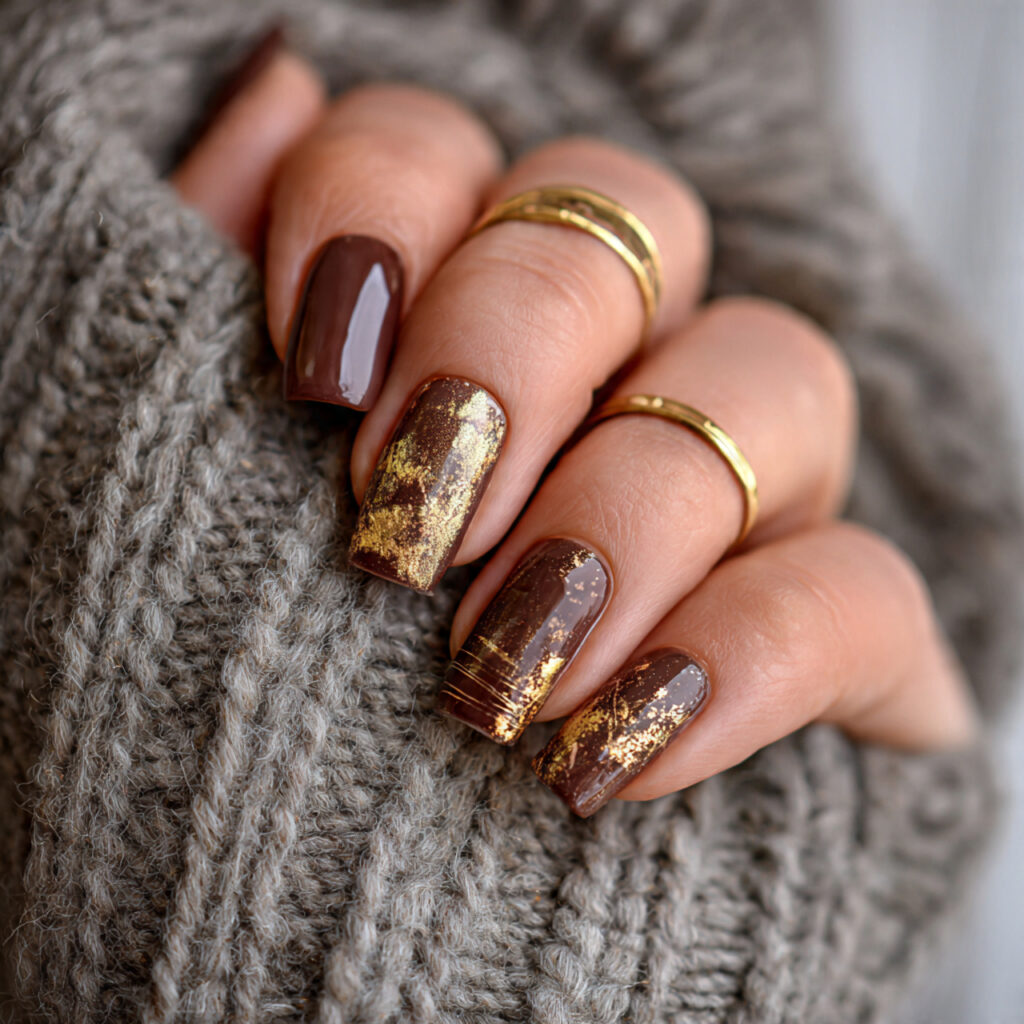 brown winter nails with gold accents add