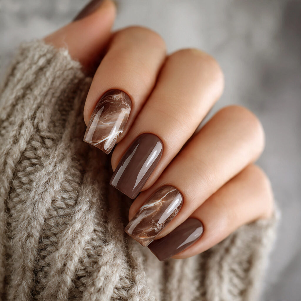 brown winter nails with marble effect soft