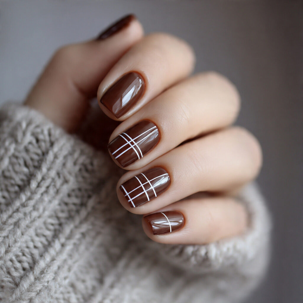 brown winter nails with minimal line art