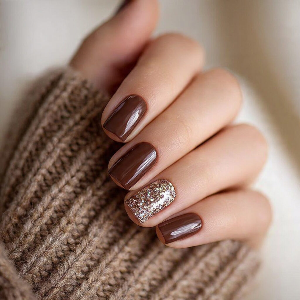 brown winter nails with simple accent nails