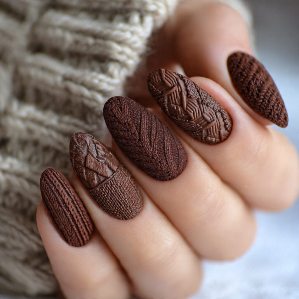 brown winter nails with sweater texture feel