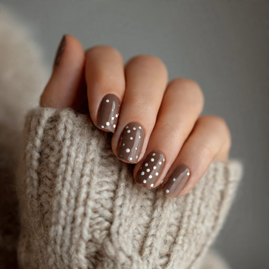 brown winter nails with tiny art and