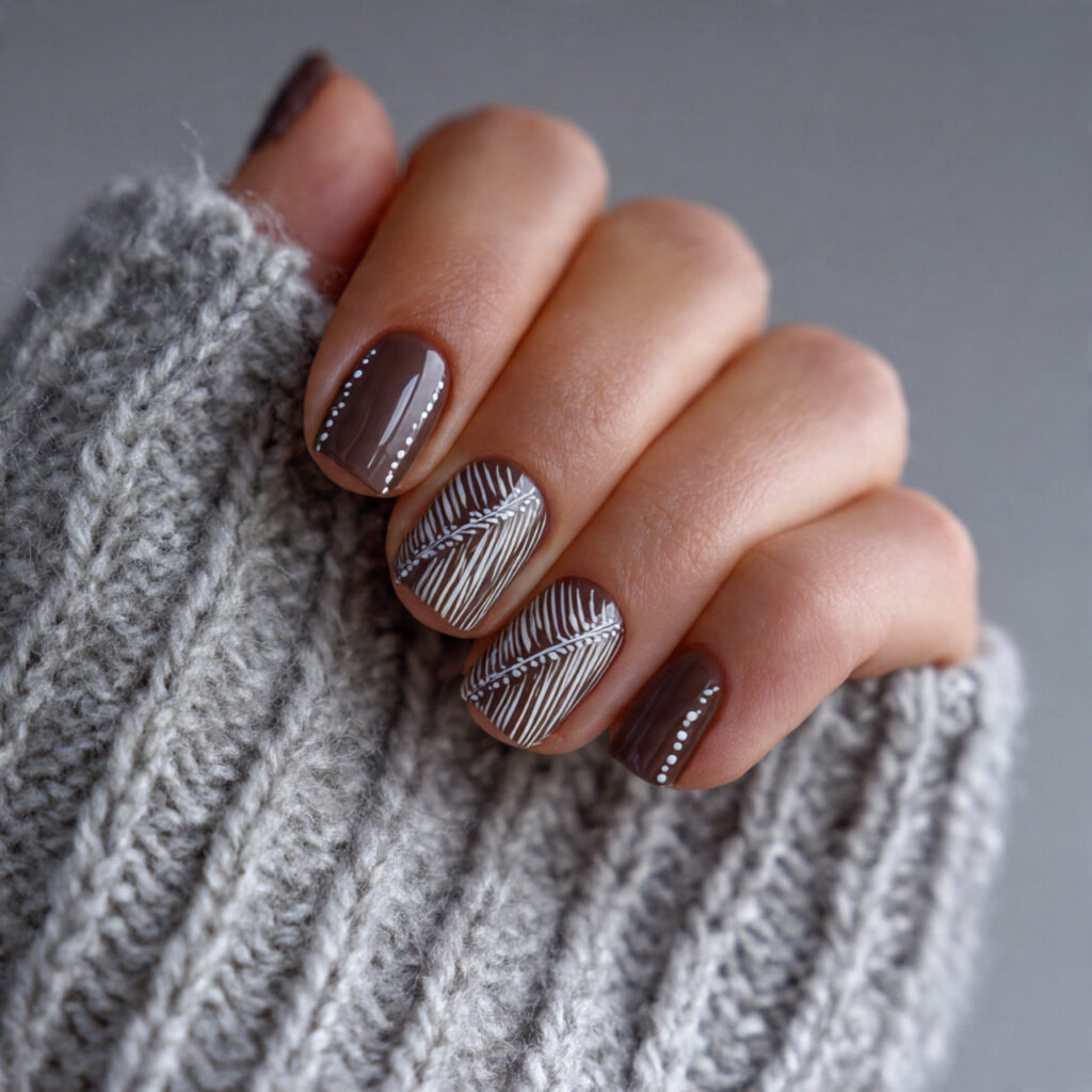 brown winter nails with white details feel