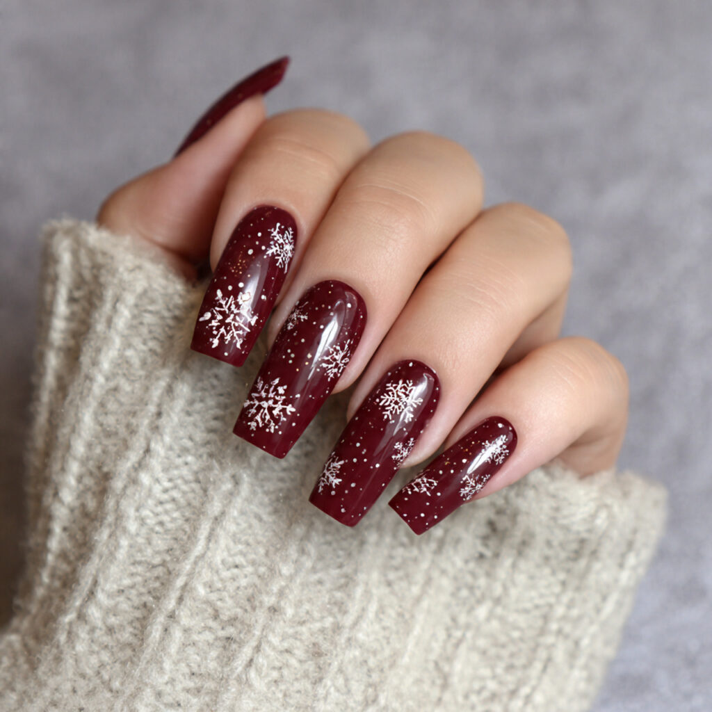 burgundy snowfall coffin nails pin style 16k
