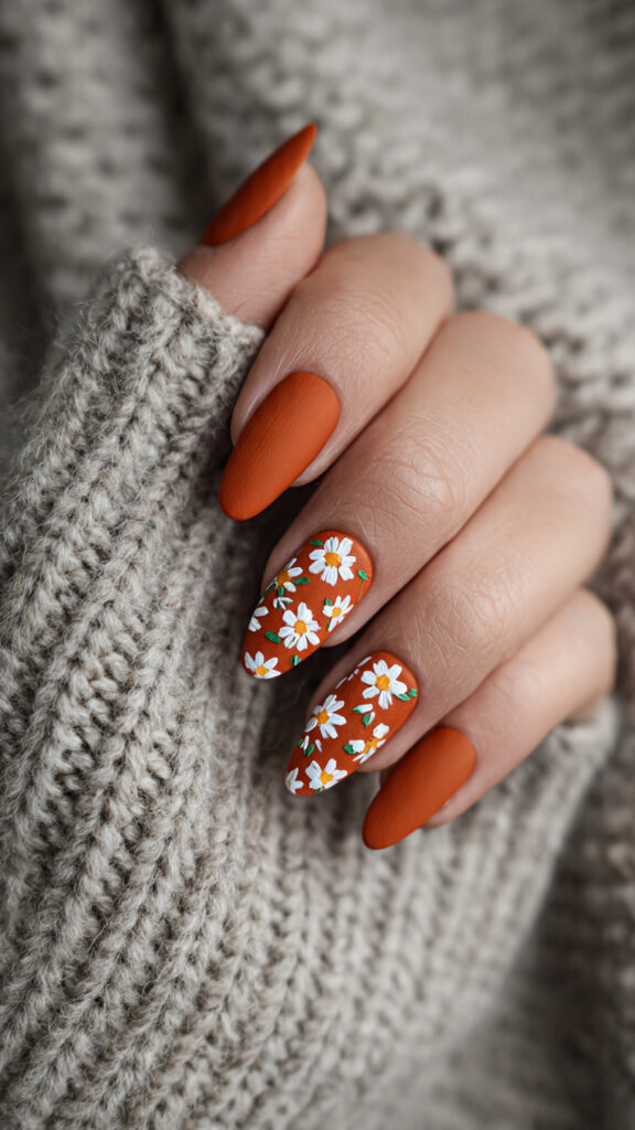 burnt orange nails with daisies bring a 1