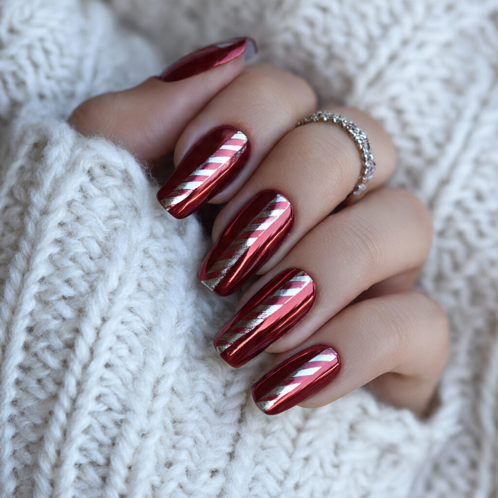candy cane chrome nails mix red shine