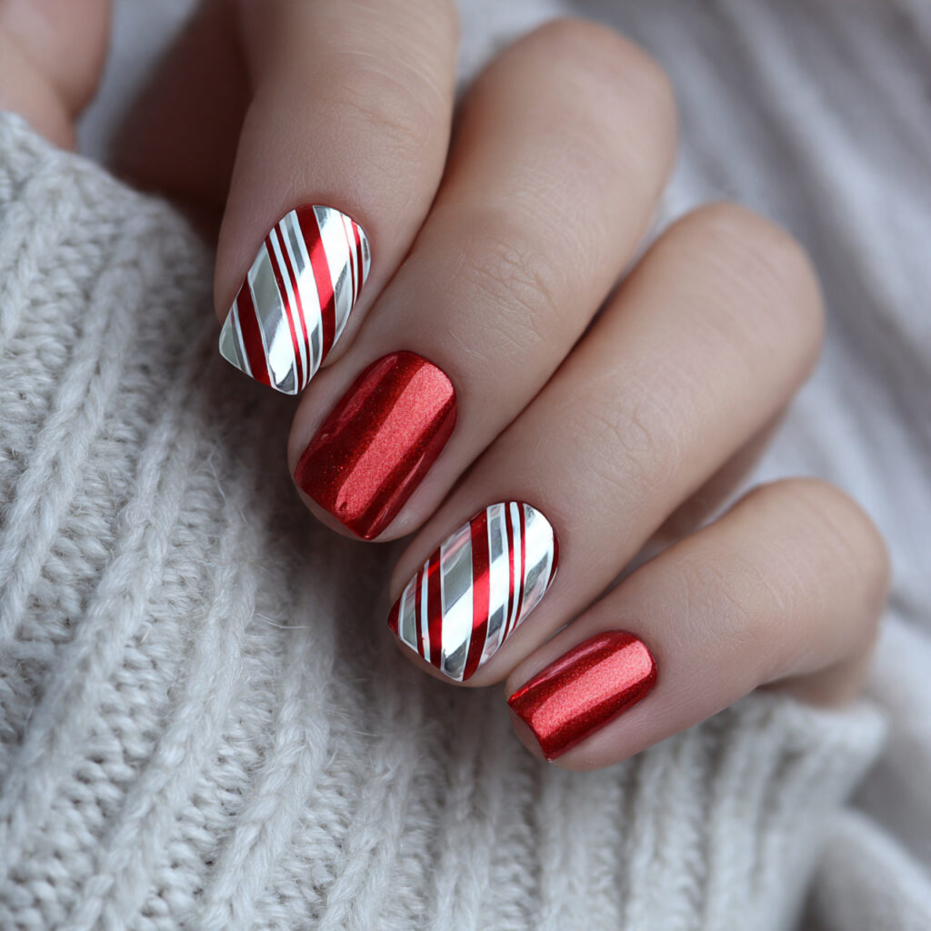 candy cane chrome stripe nails bring a