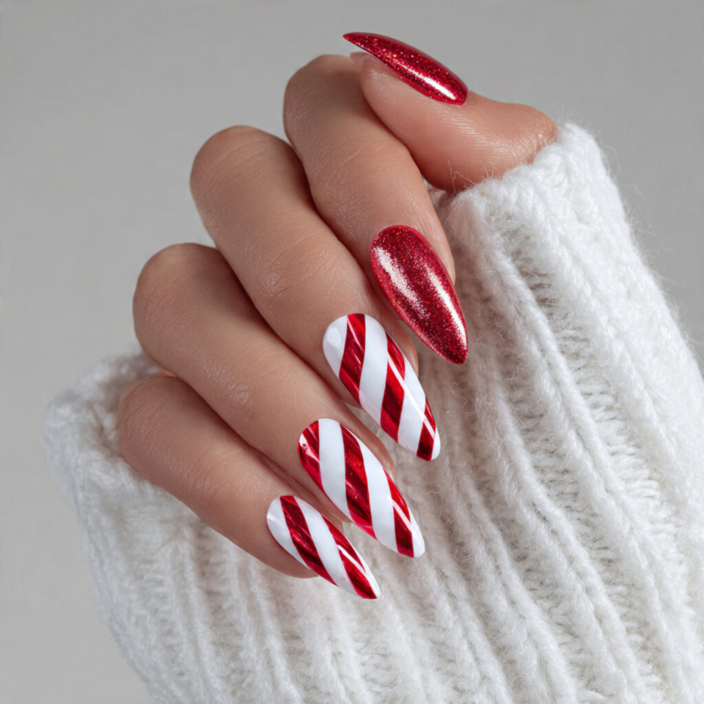 candy cane glam stiletto nails feel playful