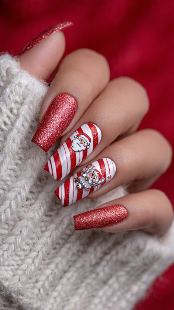 26 Jack Skellington Nails for a Cute Scare 7 candy cane striped nails with festive santa