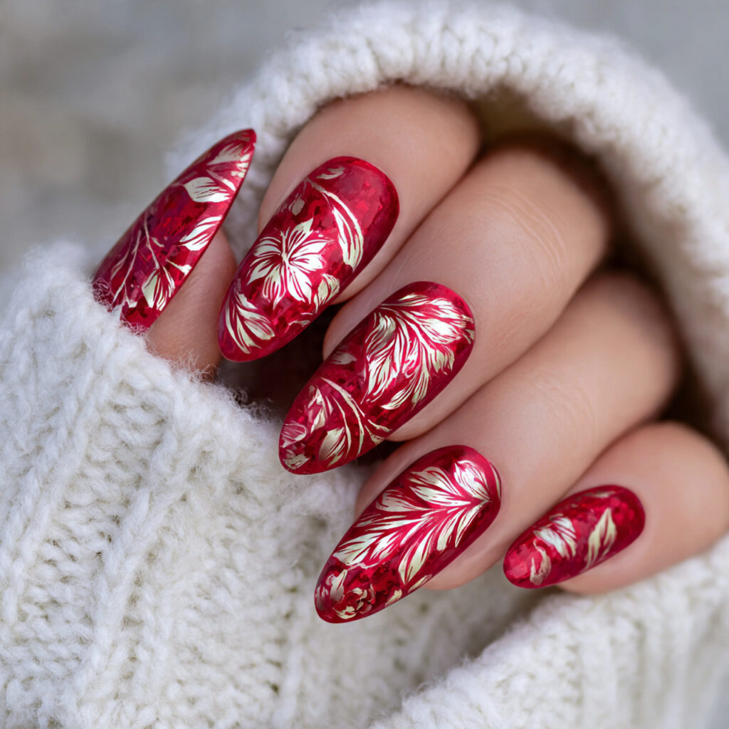 candy red poinsettia swirl nails pin style
